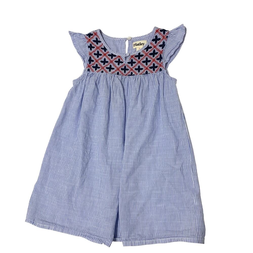 Hatley Blue Pinstriped Flutter Sleeve Embroidered Dress